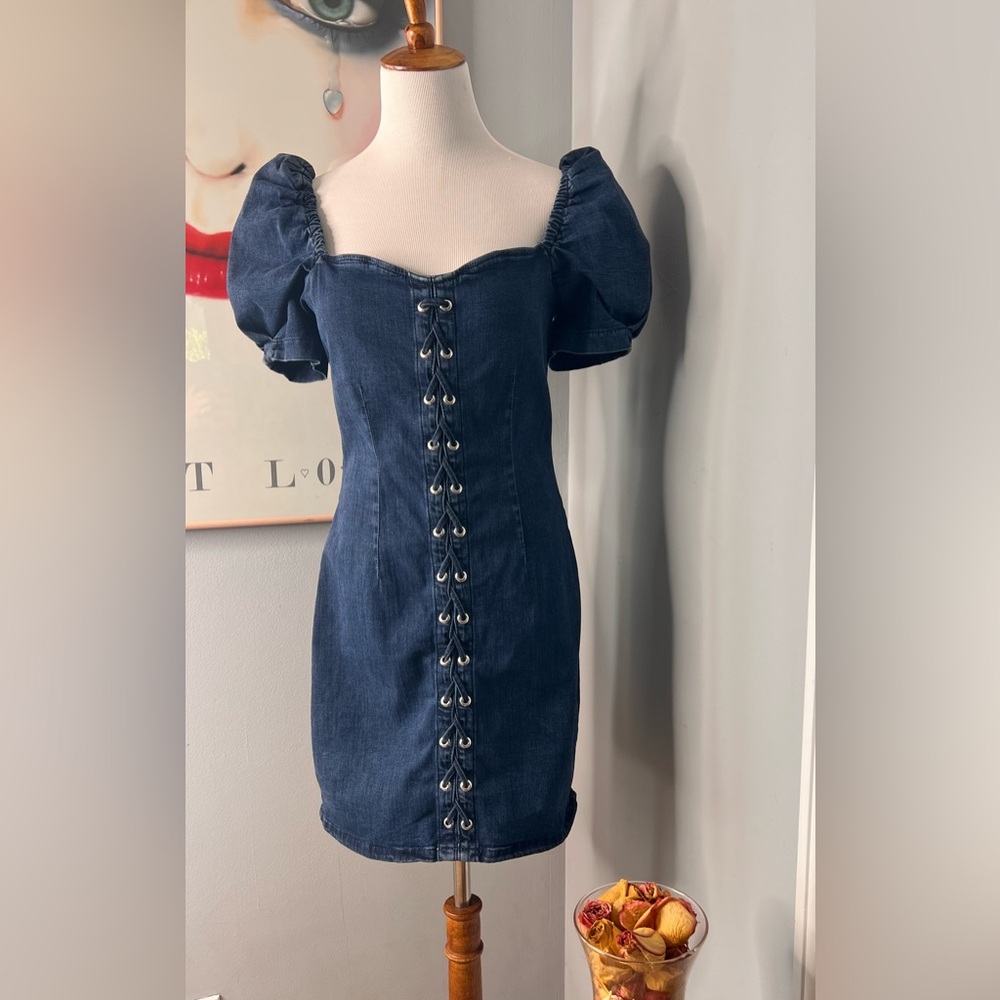 Guess Courtney Lace Up Denim Puff Sleeve Mini